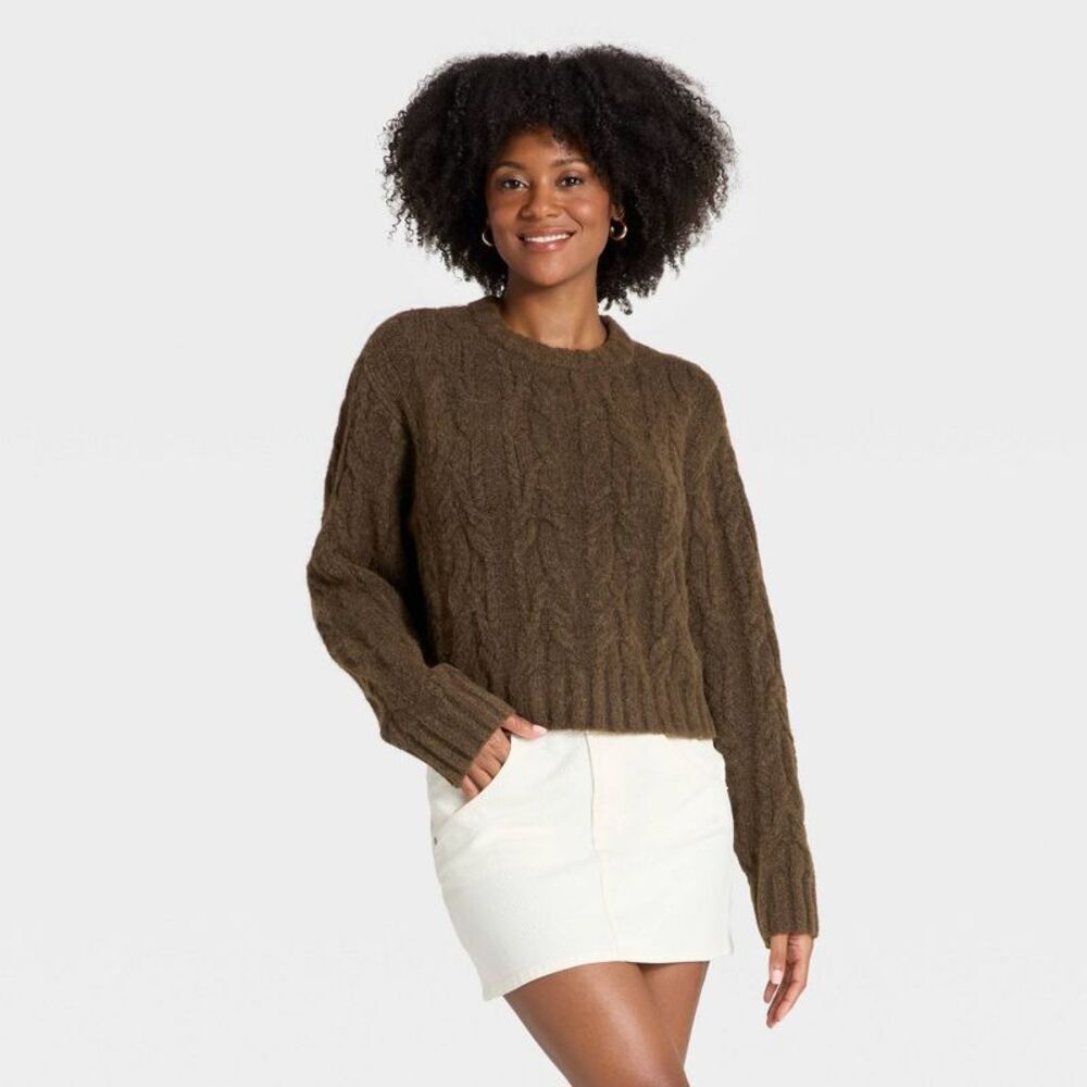 Women's Cozy Cable Crewneck Pullover Sweater - Universal Thread Brown XS
